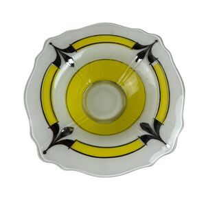 Vintage Indiana Glass Yellow and Black Glass Footed Curved Serving Bowl Art Dec